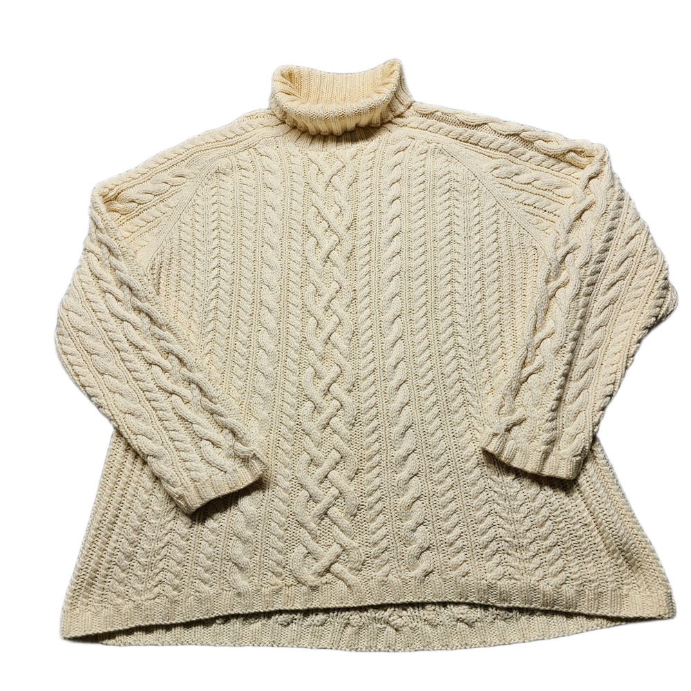 Lands' End Sweater Womens Large Yellow Stretch Cable Knit Turtleneck Pullover